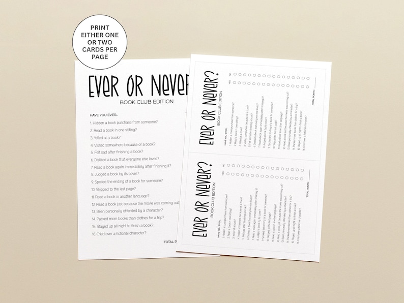 Puede incluir: Dos hojas de papel blanco con el juego Ever or Never Book Club Edition. El texto incluye diecis&eacute;is preguntas sobre h&aacute;bitos de lectura, con casillas de verificaci&oacute;n para la puntuaci&oacute;n. Una nota circular arriba dice Print either one or two cards per page.