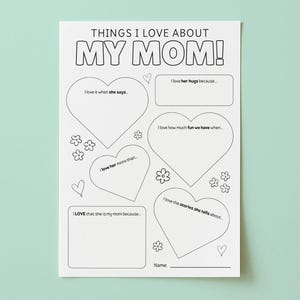 Things I Love About My Mom, Favorite Things, My Favorite Things About Mom, Kid Questionnaire, Kids Survey, Mother's Day Printable