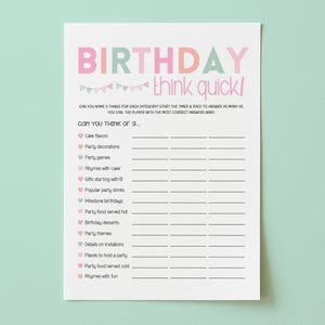 Birthday Think Quick, Birthday Questionnaire, Birthday Ice Breaker Game, Think Quick Trivia Game, Bday Quiz Party Game, Tween Birthday Games