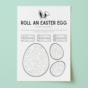 May include: A black and white Easter-themed coloring game sheet. The text "ROLL AN EASTER EGG coloring game" is at the top, with instructions below. The sheet includes shapes, dice, and three Easter egg outlines filled with various shapes.