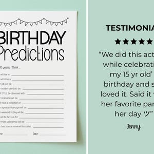 May include: A white paper birthday activity sheet with black text titled Birthday Predictions, featuring a bunting banner graphic and lines for writing answers to prompts like job and hobby, alongside a five-star customer testimonial.