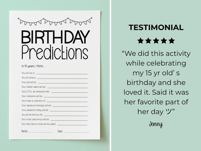 May include: A white paper birthday activity sheet with black text titled Birthday Predictions, featuring a bunting banner graphic and lines for writing answers to prompts like job and hobby, alongside a five-star customer testimonial.