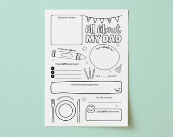 Allt om min pappa, utskrivbar fars dag, fyll i tomrummet för fars dag, fars dag-frågeformulär, barnundersökning, barnfrågeformulär