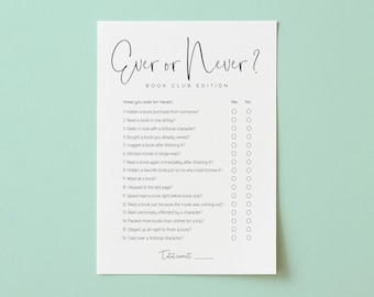 Bookish Ever or Never Game, Book Club Christmas Party Game, Printable Book Club Games, Book Club Holiday Party Activities, Book Club Ideas