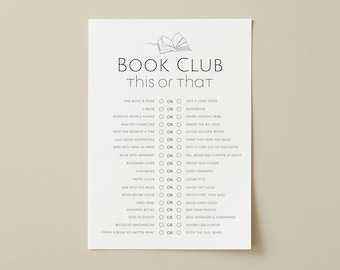 Puede incluir: Una hoja de papel rectangular blanca con un dibujo lineal negro de un libro abierto en la parte superior. El texto dice BOOK CLUB THIS OR THAT seguido de una lista de opciones de lectura emparejadas con casillas circulares para marcar.