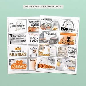 Può includere: Due fogli di biglietti a tema Halloween con illustrazioni di cartoni animati e battute. Le carte presentano fantasmi, zucche e altri elementi spettrali. Il testo include frasi come "Spook-tacular Day" e "Boo-berries!"