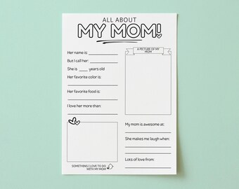 All About Mom Mother's Day Activity, My Favorite Things About Mom, Things I Love, Kid Questionnaire, Kid Survey, Mother's Day Printable