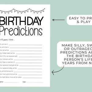 May include: A white printable birthday activity sheet featuring a bunting banner graphic at the top and the text BIRTHDAY Predictions. Below are twelve fill-in-the-blank lines for future life predictions, plus spaces for a name and date at the bottom.