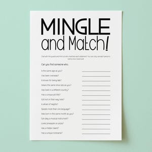 Finde den Gast, Mingle and Match Spiel, Finde jemanden der wer ist, Eisbrecher Spiele, Gruppenspiel Idee, Teambindung Ideen, Brautdusche Spiele