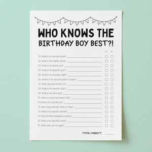 Who Knows the Birthday Boy Best, Who Knows Me Best, How Well do you Know the Birthday Boy, Birthday Party Questionnaire Game, Bday Trivia