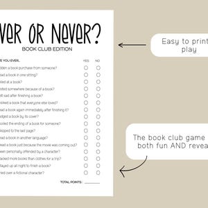 Puede incluir: Una hoja de juego imprimible blanca titulada Ever or Never? Book Club Edition con diecis&eacute;is preguntas numeradas sobre h&aacute;bitos de lectura, cada una con casillas de verificaci&oacute;n de S&iacute; y No, y una l&iacute;nea de puntos totales al final.