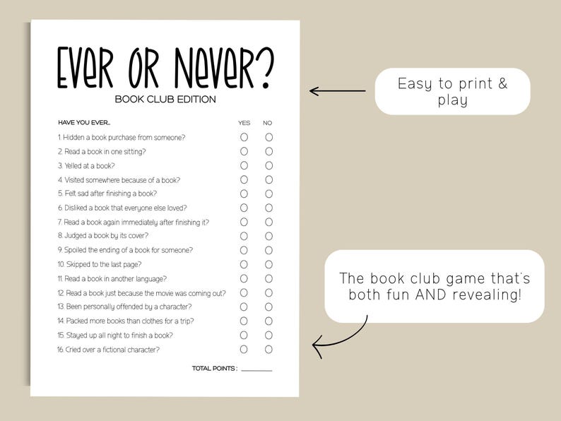Puede incluir: Una hoja de juego imprimible blanca titulada Ever or Never? Book Club Edition con diecis&eacute;is preguntas numeradas sobre h&aacute;bitos de lectura, cada una con casillas de verificaci&oacute;n de S&iacute; y No, y una l&iacute;nea de puntos totales al final.