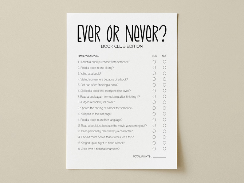 Puede incluir: Una hoja de juego de papel blanco titulada Ever or Never? Book Club Edition. Presenta una lista numerada de diecis&eacute;is preguntas sobre h&aacute;bitos de lectura, cada una con casillas de s&iacute; y no, y un espacio para el total.
