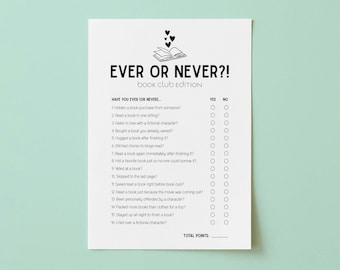 Bookish Ever or Never Game, Book Club Christmas Party Game, Printable Book Club Games, Book Club Holiday Party Activities, Book Club Ideas