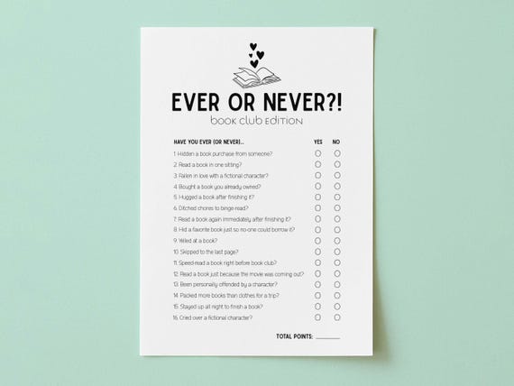 Bookish Ever or Never Game, Book Club Christmas Party Game, Printable Book Club Games, Book Club Holiday Party Activities, Book Club Ideas