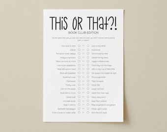 Puede incluir: Una hoja de juego de papel blanco titulada THIS OR THAT?! BOOK CLUB EDITION en texto negro. La lista presenta varias opciones relacionadas con la lectura con casillas circulares para seleccionar preferencias entre dos opciones.