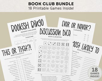 Puede incluir: Una colección de hojas de juegos imprimibles para clubes de lectura con texto negro sobre papel blanco. Los títulos incluyen Bookish Bingo, Discussion Dice, This or That, Ever or Never y Most Likely To. Una insignia circular indica 18 Games Inside.
