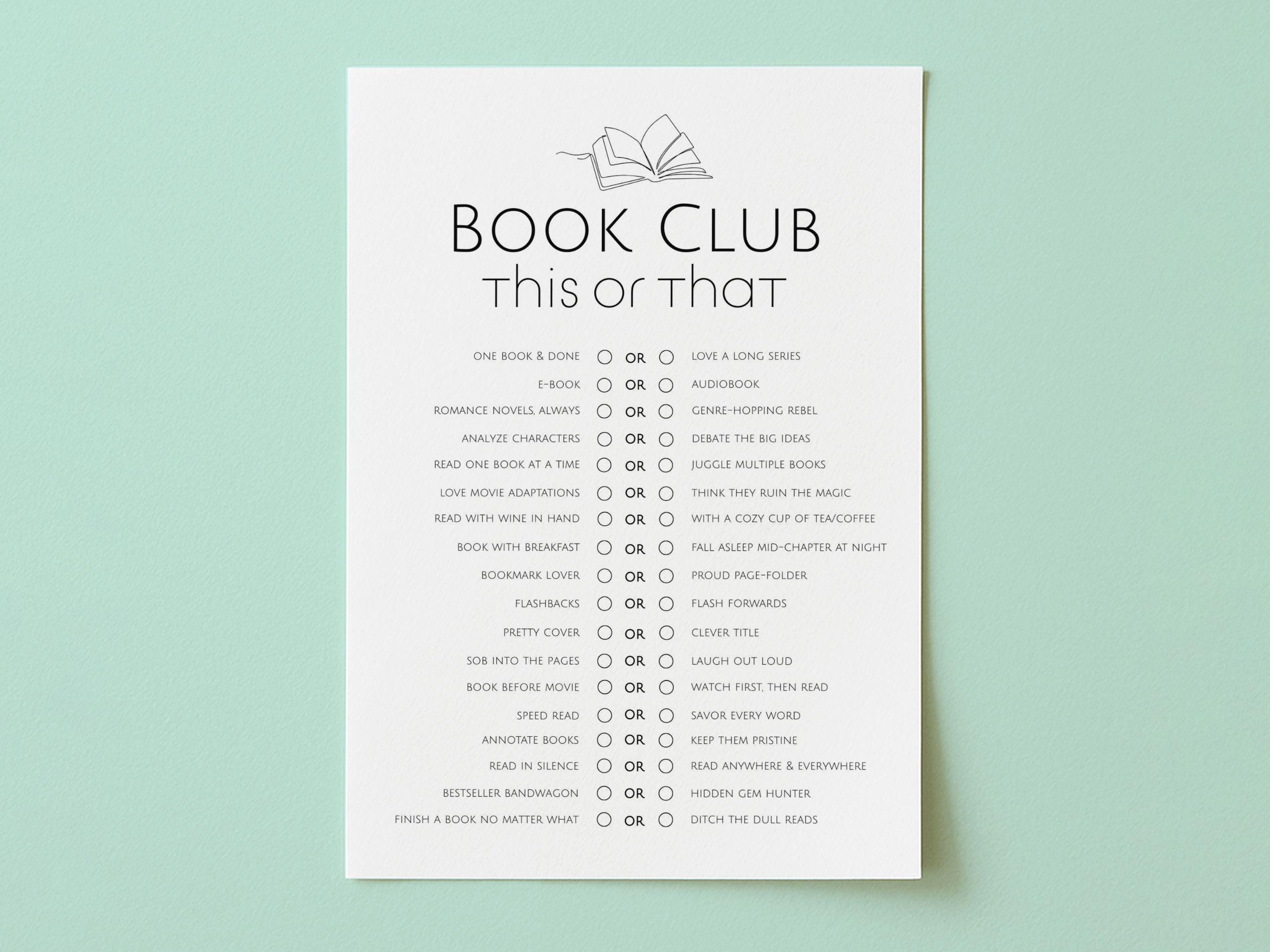 Book Club This or That . Activities for Book Club Meeting . Fun Party Games for Adults . Book Club Holiday Party Game