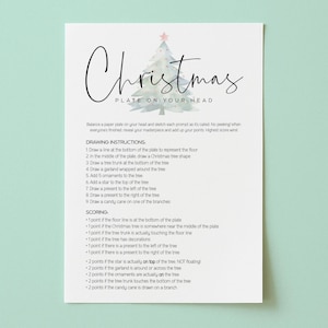 Puede incluir: Un papel blanco con el título "Christmas Plate on Your Head" e instrucciones de dibujo. El texto es negro, con un gráfico de árbol de Navidad en acuarela y una estrella roja. El fondo es de color verde azulado claro.