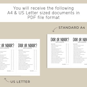 Puede incluir: Una hoja de juego imprimible Ever or Never Book Club Edition con una lista de 16 preguntas relacionadas con la lectura y casillas de verificaci&oacute;n de s&iacute; y no. El documento est&aacute; disponible en tama&ntilde;os A4 y US Letter.