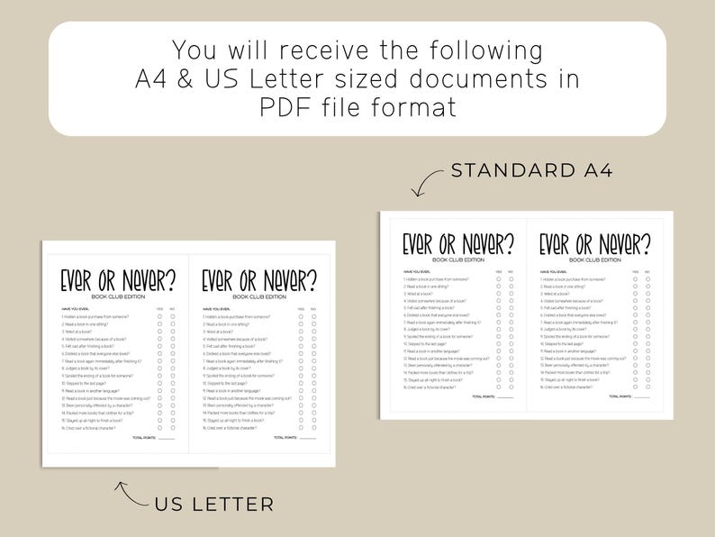 Puede incluir: Una hoja de juego imprimible Ever or Never Book Club Edition con una lista de 16 preguntas relacionadas con la lectura y casillas de verificaci&oacute;n de s&iacute; y no. El documento est&aacute; disponible en tama&ntilde;os A4 y US Letter.