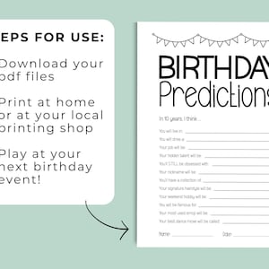 May include: A white rectangular card with black text titled BIRTHDAY Predictions featuring a bunting banner graphic at the top and a list of prompts with blank lines for responses including In 10 years I think, You will live in, and Name.
