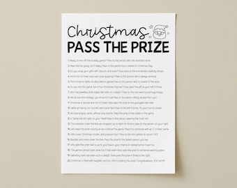 Könnte beinhalten: Eine weiße, rechteckige Spielkarte mit der schwarzen Aufschrift Christmas Pass The Prize und einem Weihnachtsmann-Symbol. Sie enthält zwanzig nummerierte Anweisungen für ein Partyspiel, die in schwarzer Schrift auf weißem Grund gedruckt sind.