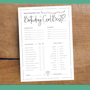 Who Knows the Birthday Girl Best, How Well Do You Know the Birthday Girl, Birthday Trivia Game, Bday Trivia Party Game, Bday Questionnaire