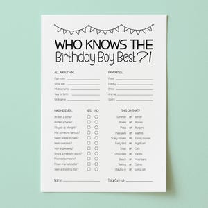 Who Knows the Birthday Boy Best, Who Knows Me Best, How Well do you Know the Birthday Boy, Birthday Party Questionnaire Game, Bday Trivia