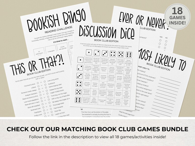 Puede incluir: Una colecci&oacute;n de hojas de juego impresas para clubes de lectura, que incluye Bookish Bingo, Discussion Dice, This or That, Ever or Never y Most Likely To. Cada hoja blanca presenta texto negro y una insignia circular 18 GAMES INSIDE.