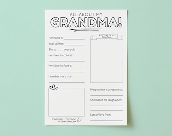 Todo sobre mi abuela, Regalo DIY para la abuela, Todo sobre la abuela, Cuestionario para niños, Imprimible para el Día de los Abuelos, Encuesta para nietos, Encuesta para niños
