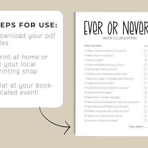 Puede incluir: Una hoja de juego imprimible blanca titulada Ever or Never Book Club Edition con diecis&eacute;is preguntas numeradas y casillas de verificaci&oacute;n s&iacute; o no. A la izquierda, un cuadro blanco enumera los pasos de uso y juego.