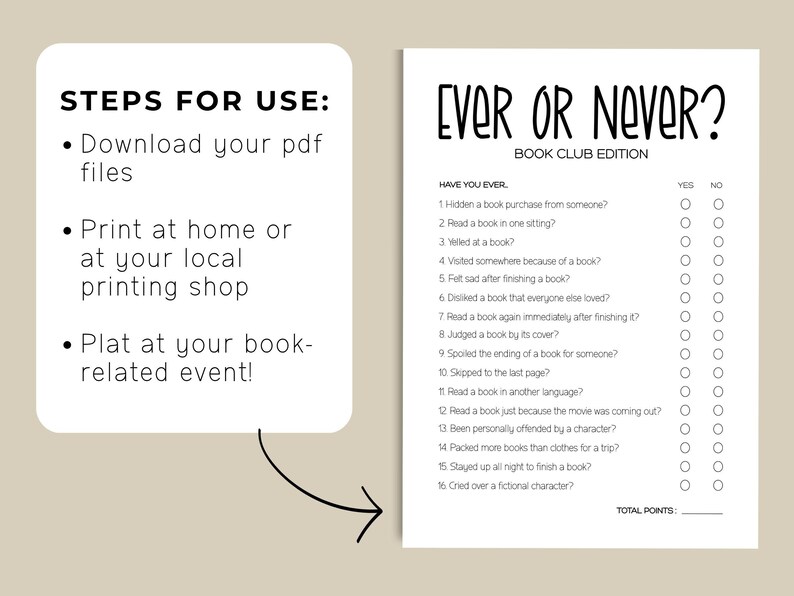 Puede incluir: Una hoja de juego imprimible blanca titulada Ever or Never Book Club Edition con diecis&eacute;is preguntas numeradas y casillas de verificaci&oacute;n s&iacute; o no. A la izquierda, un cuadro blanco enumera los pasos de uso y juego.