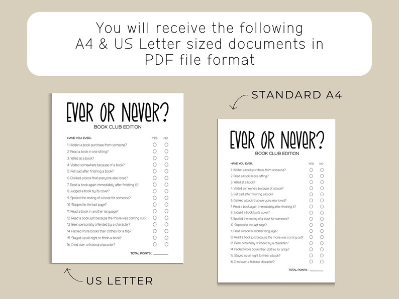Puede incluir: Una hoja de juego imprimible Ever or Never Book Club Edition en blanco y negro. El documento presenta diecis&eacute;is preguntas con casillas de verificaci&oacute;n de s&iacute; y no y una l&iacute;nea de puntos totales. Disponible en tama&ntilde;os A4 y US Letter.