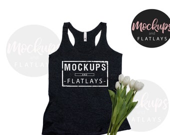 Next Level | Racerback Tank Top | FlatLay | BLACK | T-Shirt Mockup | Shirt Tank Flat Lay | Isolated White Background | Fresh Tulip Flowers