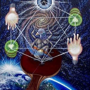 May include: A painting of a dove with a human body sitting on a red ping pong paddle. The dove is surrounded by a geometric pattern and a galaxy. The painting is set against a dark blue background with stars.