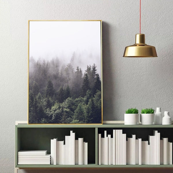 Foggy forest nature wall art - Landscape Photo Download & Print - spruce forest tree mountains photo poster Nordic Decor - Digital Download