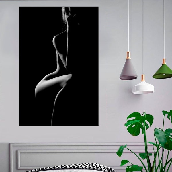 Nude Silhouette Girl Female Body Art Modern Decor Black and White Photo Print on Canvas Naked Print Poster Modern Bedroom Wall Art
