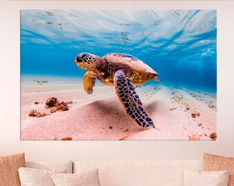 Turtle Wall Art Animal Large Canvas Print Wall Hanging Sea Life Poster Under the sea Living Room Wall Art Blue Decor - Ready to Hang