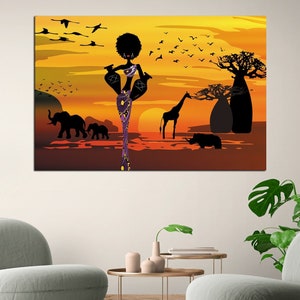 Black African Woman Bedroom Wall Art, Savannah Safari Animal Large Canvas Print, African Tribal Wall Decor, Afrocentric Interior Decor