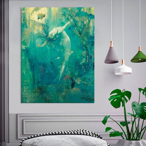 Antique Siren wall art, Sirene canvas print, Gaston Hoffmann Vintage mermaid picture, Famous mythological nautical Reproduction Print