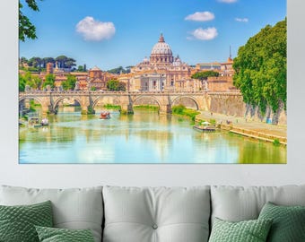 Art mural Rome Vatican, impression sur toile de la basilique Saint-Pierre, photographie de monument de Rome, toile paysage urbain Italie, décoration vue sur la rivière Rome