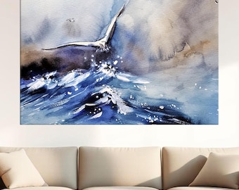 Lienzo de acuarela oceánica, arte mural de gaviota, impresión abstracta de olas marinas, decoración costera, pintura de pájaro sobre olas, arte náutico moderno