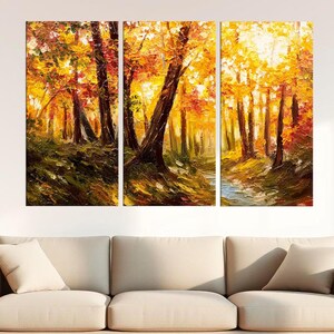 Paisaje otoñal colorido, pintura impresionista de bosque, lienzo de bosque otoñal, impresión de arte mural otoñal, sendero boscoso iluminado por el sol, lienzo de árbol otoñal