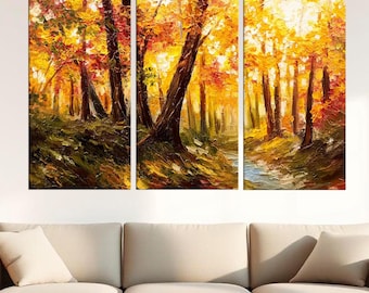 Colorful Fall Landscape, Impressionist Forest Painting, Autumn Forest Canvas, Fall Wall Art Print, Sunlit Woodland Path, Autumn Tree Canvas