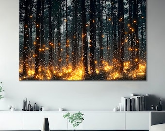 Impresión en lienzo de bosque mágico de luciérnagas, impresión de bosque brumoso, arte de pared con brillo de hadas, decoración con marco de madera, pintura de naturaleza mística, idea de regalo de fantasía