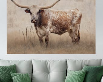 Texas Longhorn Canvas Wall Art, Rustic Western Cattle Print, Western Longhorn Wall Decor, Farmhouse Country Canvas Painting, Bull Canvas