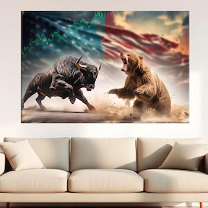 Bull and Bear Canvas, Wall Street Battle Art, Bull vs Bear Market Decor, Wall Street Canvas Print, Trader Room Art, Finance Themed Art