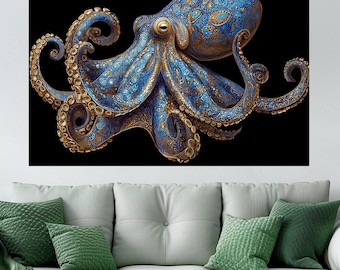 Blue Octopus Canvas Print, Intricate Ocean Wall Art, Boho Octopus Wall Decor, Nautical Sea Animal, Mandala Octopus Art, Ocean Theme Canvas