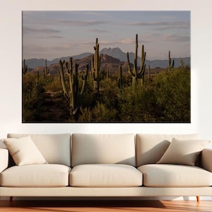 Impresión de paisaje de saguaro, decoración de naturaleza desértica, vista del atardecer en Arizona, arte mural de cactus, lienzo de cactus del desierto, arte mural del suroeste